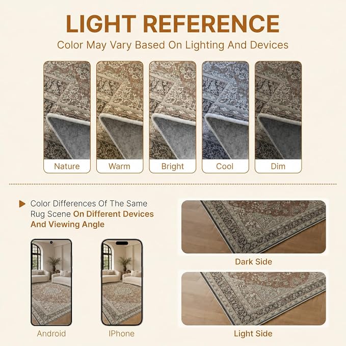 9x12 Area Rugs Washable Large Vintage Rug for Living Room Bedroom | Farmhouse Boho Floral Neutral Washable Stain Resistant Indoor Carpet for Bedroom Office and Home Decor (Brick&Brown)