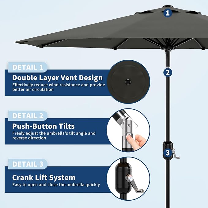 Garvee 10FT Patio Umbrella - Outdoor Table Umbrella with Smooth Crank Lift, Push Button Tilt and 8 Sturdy Ribs - Market Umbrella UV Protection Waterproof for Pool, Deck, Yard, Garden