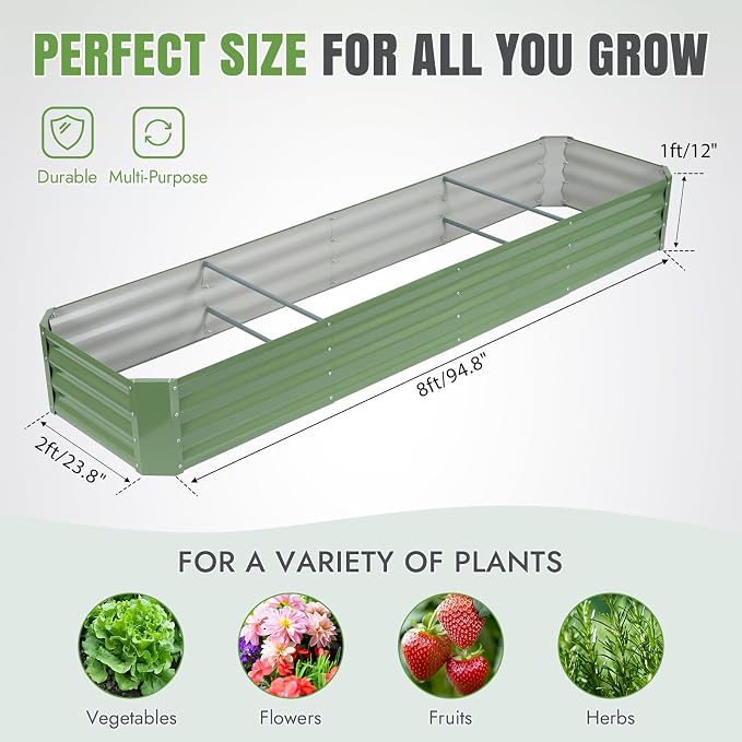 INNO STAGE 8×2×1ft Galvanized Raised Garden Bed Kit, Galvanized Planter Raised Garden Boxes Outdoor, Large Metal Raised Garden Beds for Vegetables, Flowers, Herbs, and Succulents, OliverGreen