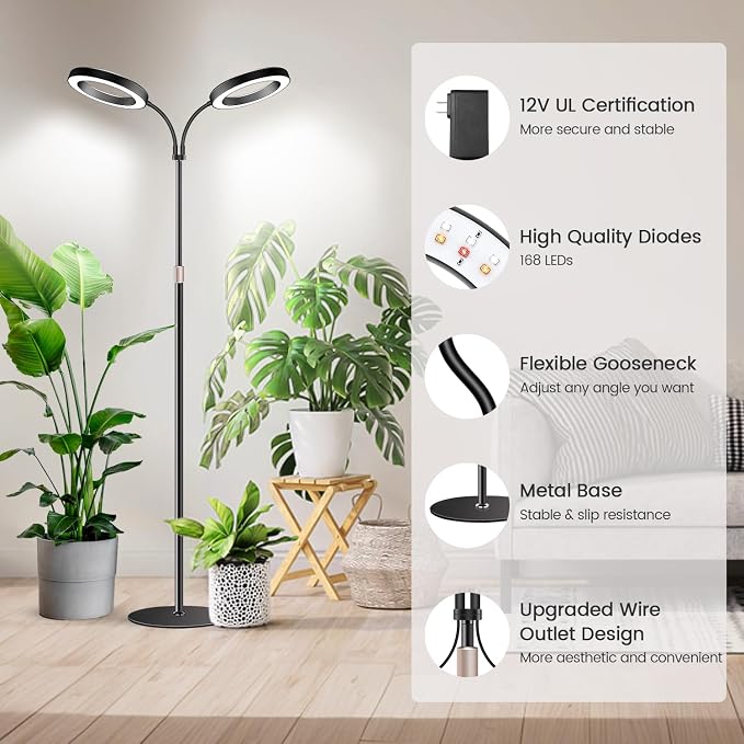 Garpsen Halo Grow Lights, Dual-Head Full Spectrum LED Plant Lights for Indoor Growing with Stand, 3 Color Modes Grow Lamp with Timer 6/12/16H, 5 Dimmable Levels, 168 LEDs and 67''Height Adjustable