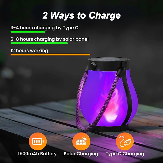 Hompavo Gen2 Solar Lanterns Outdoor with Ultra-Real Flame, Dual Charging (USB/Solar) & 2 Modes - Waterproof Decorative Hanging/Table Lights for Patio Garden Halloween Decorations, 2/Purple