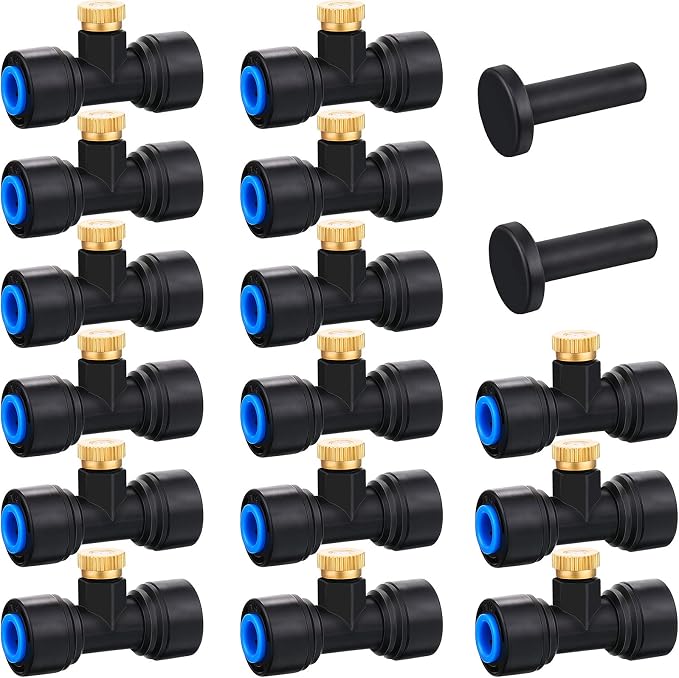 Hotop 15 Pieces Brass Misting Nozzles 1/4 Inch, Mister Replacement Nozzles Tees with Plugs for Outdoor Cooling System, Misting System Accessories for Patio, Greenhouse, Garden