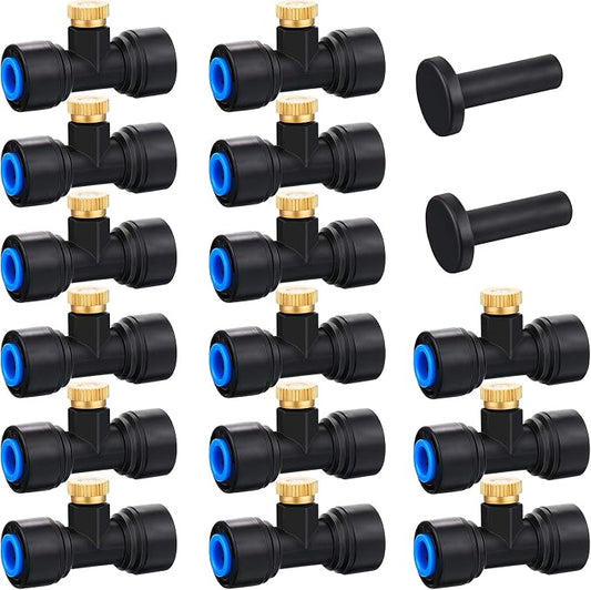 Hotop 15 Pieces Brass Misting Nozzles 1/4 Inch, Mister Replacement Nozzles Tees with Plugs for Outdoor Cooling System, Misting System Accessories for Patio, Greenhouse, Garden