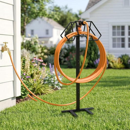 Giraffe Tools Garden Hose Holder Freestanding Heavy Duty Water Hose Holder Metal Stand, Holds 150FT Hose with 4 Spikes,Sturdy Hose Storage Stand for Outside Yard,Lawn,Garden,Black
