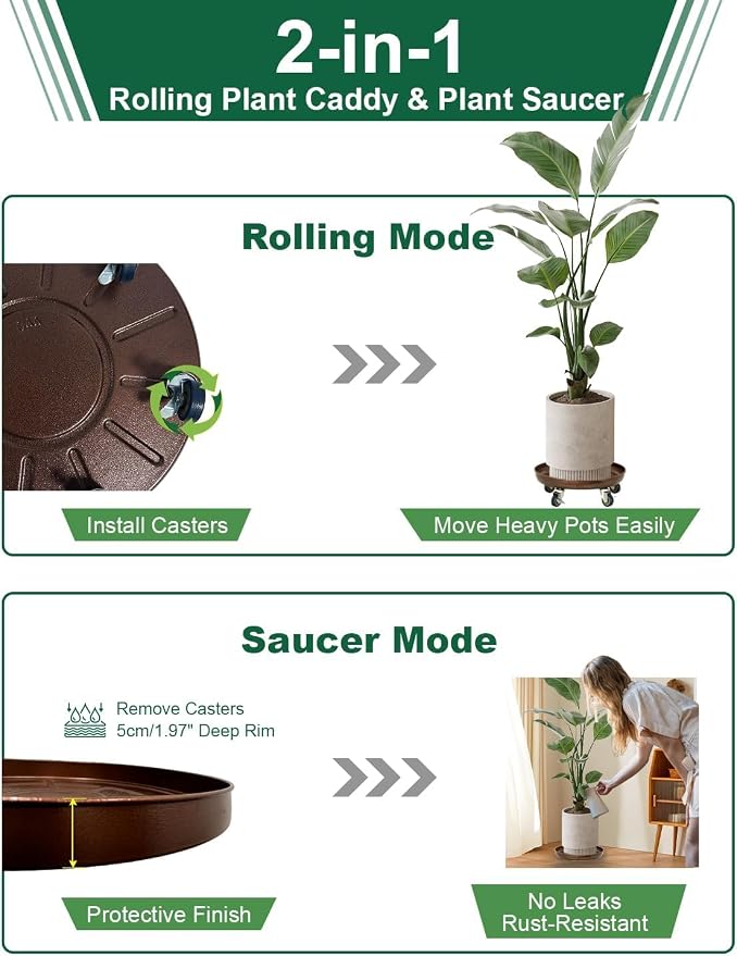 Plant Caddy with Wheels, 17" Heavy Duty Metal Plant Dolly, 440 lb Capacity Rolling Plant Stand with 360° Locking Casters, Waterproof Planter Tray and Saucer for Indoor Outdoor Large Pots