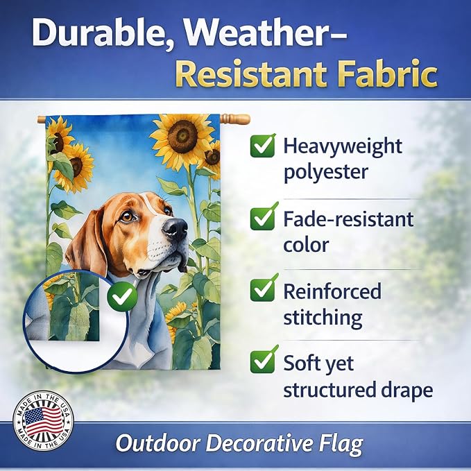 Caroline's Treasures DAC6074CHF English Foxhound in Sunflowers House Flag Large Porch Sleeve Pole Decorative Outside Yard Banner Artwork Wall Hanging, Polyester, House Size, Multicolor