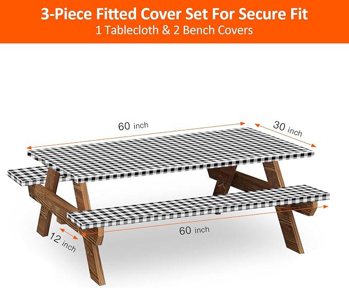 5ft Picnic Table and Bench Cover, Camping Essentials RV Gear, 60 in Waterproof Windproof Outdoor Elastic All Around Tablecloth, Fitted Rectangle Tables and Seats, Black-White Checkered