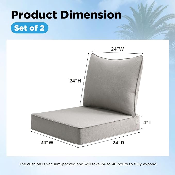 Sunbrella Outdoor Deep Seat & Back Cushion Set (2-Pack), 24 x 24 Inch Water Repellent and Fade Resistant Patio Furniture with Removable Cover for Outside Sofa Couch, Specrtum Pebble