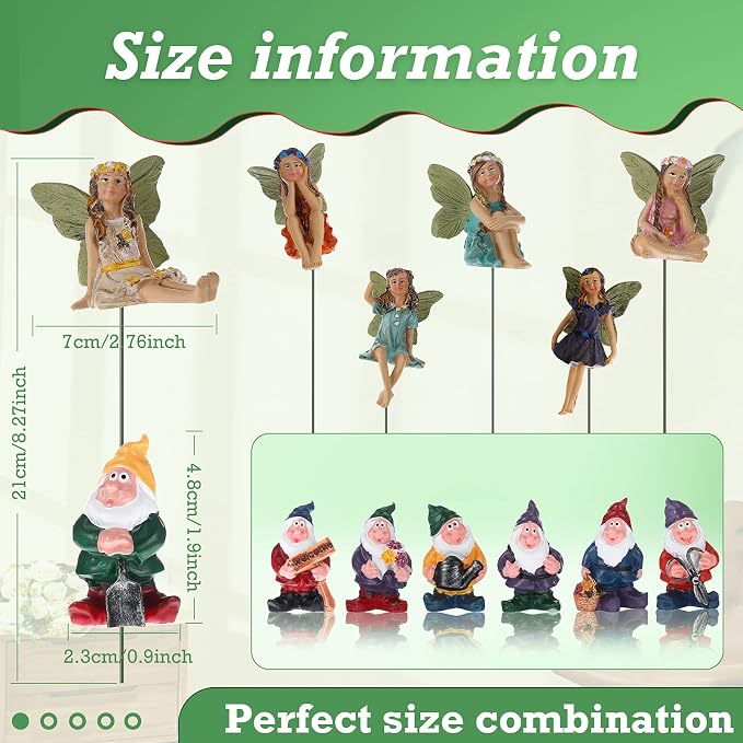 Queekay 13 Pieces Fairy Garden Miniature Accessories 6 Pcs Mini Fairy Figurines and 7 Pcs Tiny Gnomes for Outdoor Garden Yard Lawn Indoor Pot Plants Supplies Home Decor