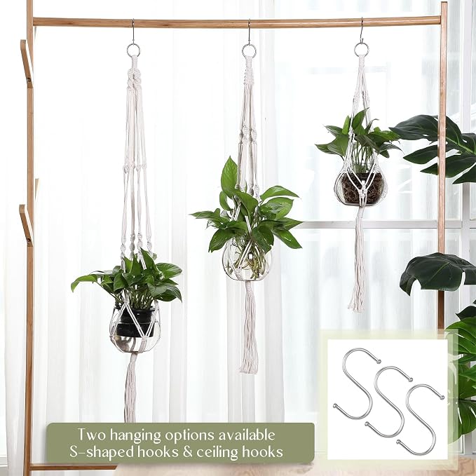 Colingmill 6 Pcs Boho Macrame Plant Hanger with Small Plastic Pot Hanging Plant Holder Wall Planter Propagation Station Include Hooks Kit for Indoor Home Garden Office Decor 3 Size (White)
