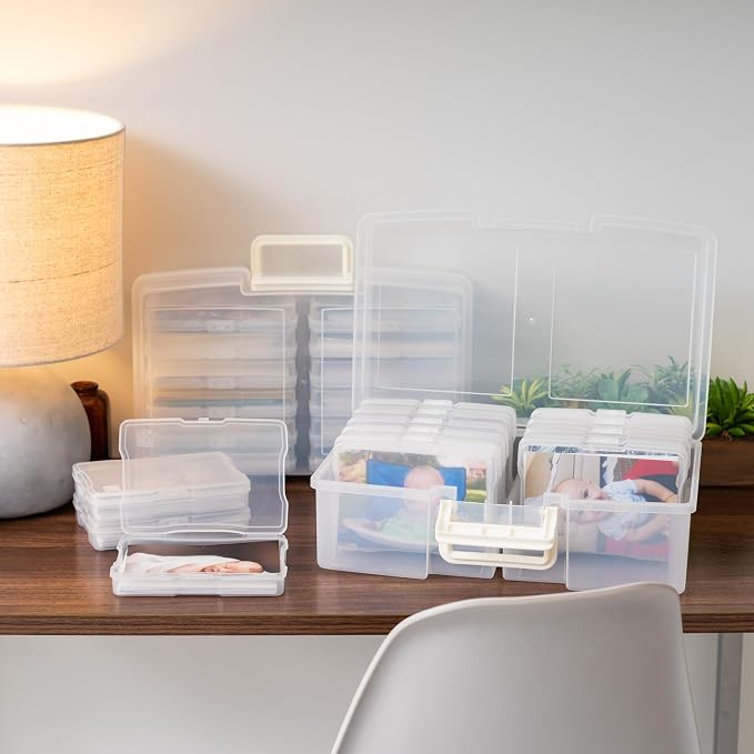 IRIS USA 4" x 6" |Made in USA| 2-Pack Photo Organizers and Picture Storage Box with Handle, 12 Inner Cases/Containers for Tasks, Stickers, Ephemera, & Flashcards - Clear