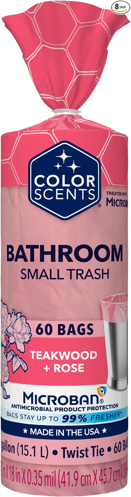 Color Scents Small Trash Bags - 4 Gallon, 60 Bags, Twist Tie - Pink Bag in Teakwood + Rose Scent with Microban, 60 Count (Pack of 8)