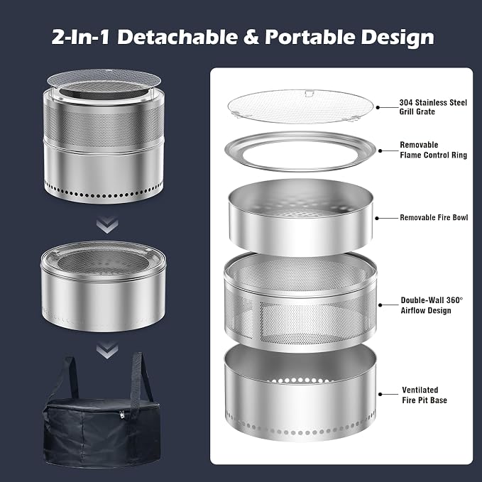 Smokeless Fire Pit Outdoor, 20 Inch Portable Stainless Steel Smokeless Firepit with Grill Grate, Ash Pan & Carry Bag, Low Smoke Wood Burning Fire Pits for Camping, RV, Patio, Compact Storage