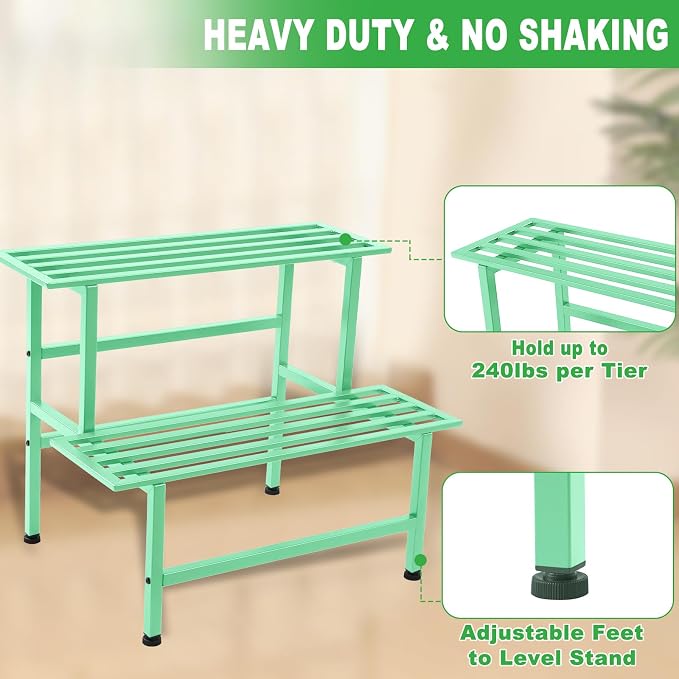 Dipion Metal Plant Stand Outdoor Plant Shelf Indoor,2 Tier Heavy Duty Ladder Plant Stands for Multiple Plants,26" L x 20.25" H x 17.75" W,Mint Green