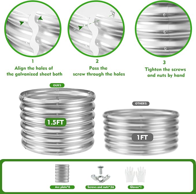 YSEJOMP 17" Tall Round Outdoor Garden Raised Garden Bed Kits-0.8MM Thick Metal Raised Planter Bed/Ground Planter Box for Variety of Flowers,Herbs,Vegetables,Trees (Silver, 24 Dia X 16.5 inches)