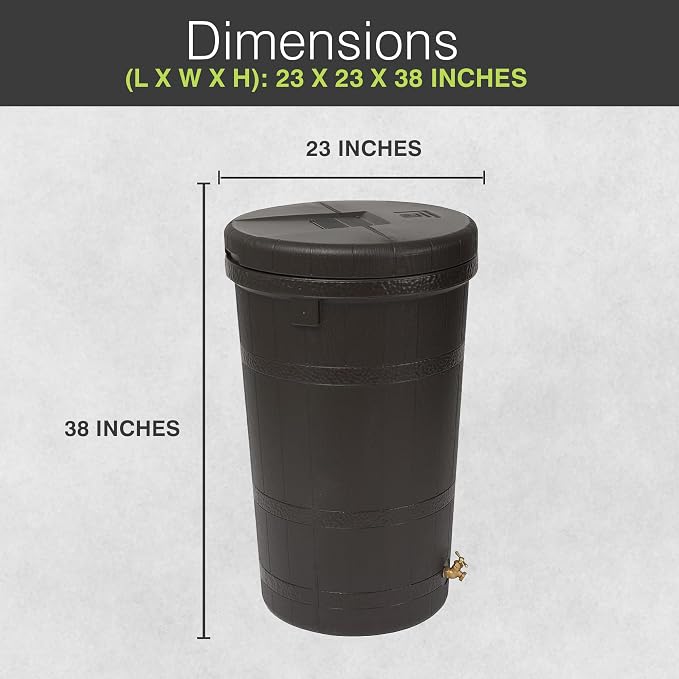 Good Ideas Aspen 50 Gallon Capacity Outdoor Rain Barrel Water Storage Collector Saver with Brass Spigot and Removable Lid, Oak Brown