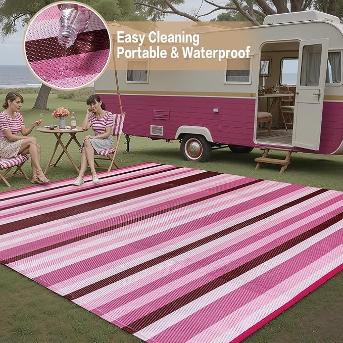 HUGEAR Outdoor Waterproof Rug 9'x12' Plastic Straw Rugs Washable Reversible Floor Mat Pink Stripe Carpet for Camping RV Deck Entryance Porch Picnic Balcony Beach Backyard