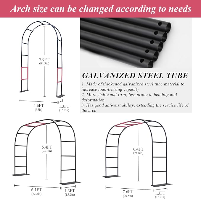 Thickened Tube Garden Arch Trellis - 4.6ft Wide x 7.9ft High or 7.6ft Wide x 6.4ft High - Garden Trellis for Climbing Plants - Stable Garden Arbor, Birthday Party Wedding Arch Decoration