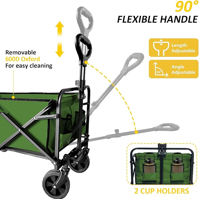 Collapsible Wagon with Quiet Wheels - Silent Grocery Shopping Cart for Seniors, Foldable Utility Cart for Laundry & Apartment, Washable Heavy Duty Rolling Wagon with Two Mesh Pockets, Green
