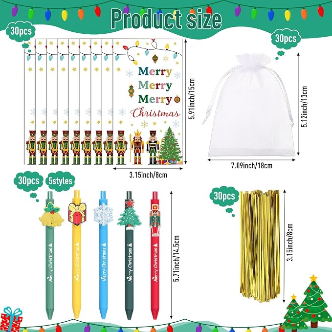 Marspark 30 Set Merry Christmas Gifts Bulk Christmas Ballpoint Pens and Greeting Cards Set with Bag Twist Ties for Employee Coworker Teacher Student School Office Home Party Favor