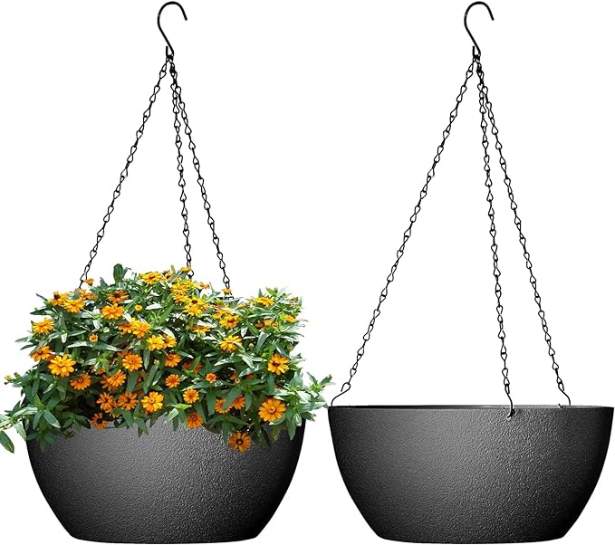 WSMKSZ 13 inch Large Hanging Planters Plant Pots for Outdoor Indoor Plants with Drainage Holes and Chain, 2 Pack Round Hanging Flower Pots for Garden Home Porch Decor, Black