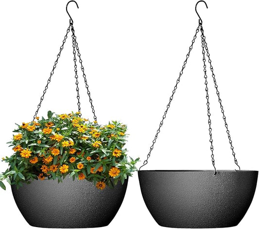 WSMKSZ 10 inch Hanging Planters for Outdoor Indoor Plants with Drainage Holes and Chain, 2 Pack Round Hanging Flower Pots for Garden Home Porch Decor, Black