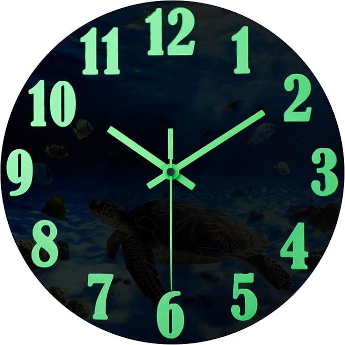 jomparis Outdoor Clocks Waterproof 12 Inch Coastal Sea Turtle Luminous Glass Wall Clock for Pool Patio Bathroom