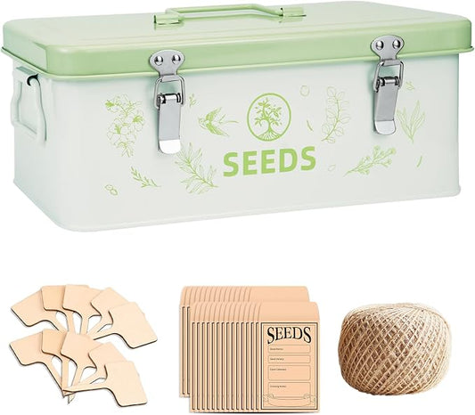 Seed Storage Box, Seed Storage Organizer with Garden String, 30 Seed Envelopes and Bamboo Plant Labels, 4 Compartments Garden Seed Organizer Box with Safety Locks, Light Green