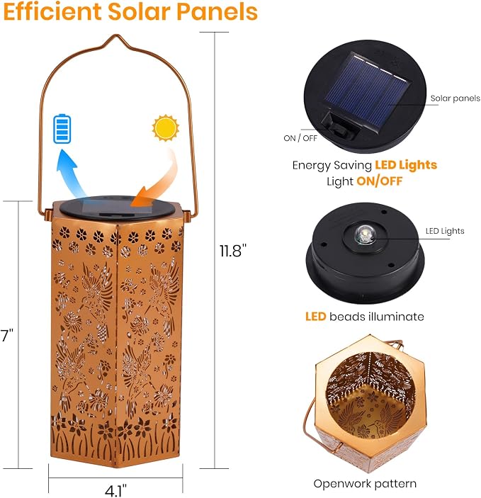Solar Lanterns Waterproof Hummingbird Hanging Outside Decoration for Patio | Exquisite hummingbird pattern,antique bronze metallic color, IP65 waterproof,high conversion solar panel,high-brightness LED.