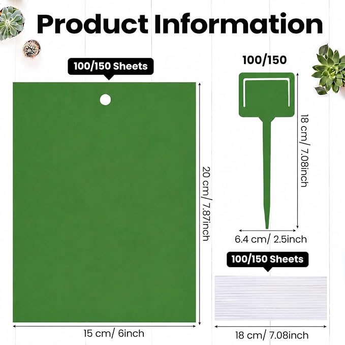 Qualirey 150 Pcs Green Sticky Traps for Gnats, 6 x 8 Inch Dual Sided Gnat Traps for Indoor Outdoor Plants, Fungus Gnat Sticky Cards for Fruit Flies Whiteflies Thrips, Twist Ties and Plastic Holders