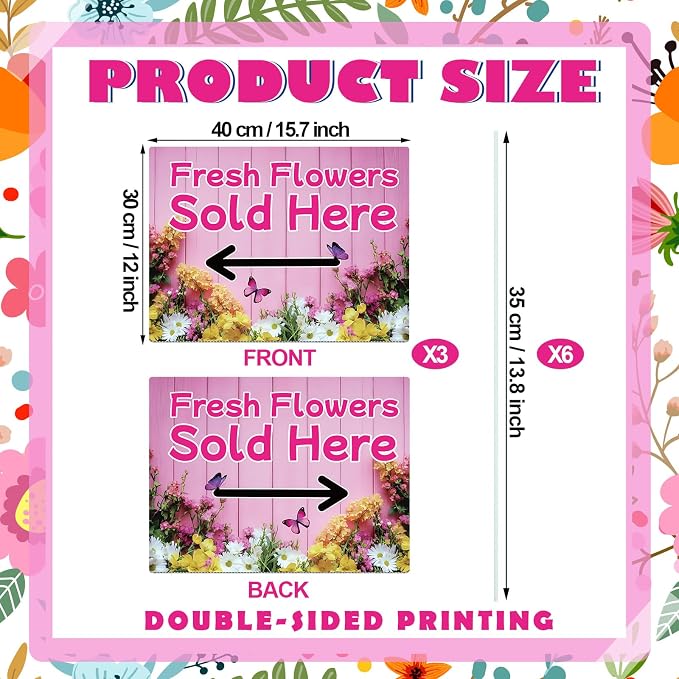 Pinkunn 3 Pack 16 x 12 Inch Fresh Flowers Sold Here Yard Signs with Stakes Double Sided Weatherproof Garden Signs for Shops, Markets Events
