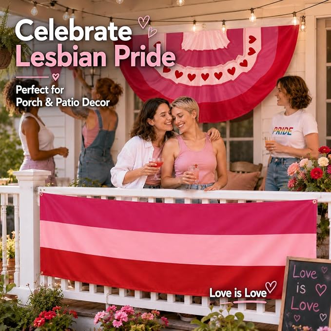 4Pack Lesbian Pride Bunting Flag 2 x 4 Ft, Pink Red White Heart Pleated Fan Flag for Pride Month, WLW Wedding Decorations, LGBTQ Love Party Banner, Same-Sex Wedding, Porch Wall Fence Decor