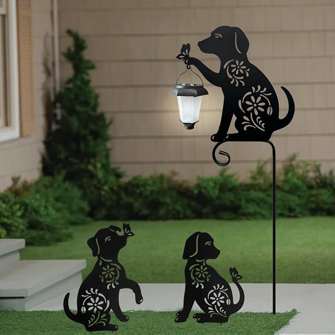 Dog Holding Solar Lantern Garden Stakes Outdoor Metal Dog Stakes Decorative Garden Stakes Suitable for Yard and Lawns(Dogs Decor Garden Stake)