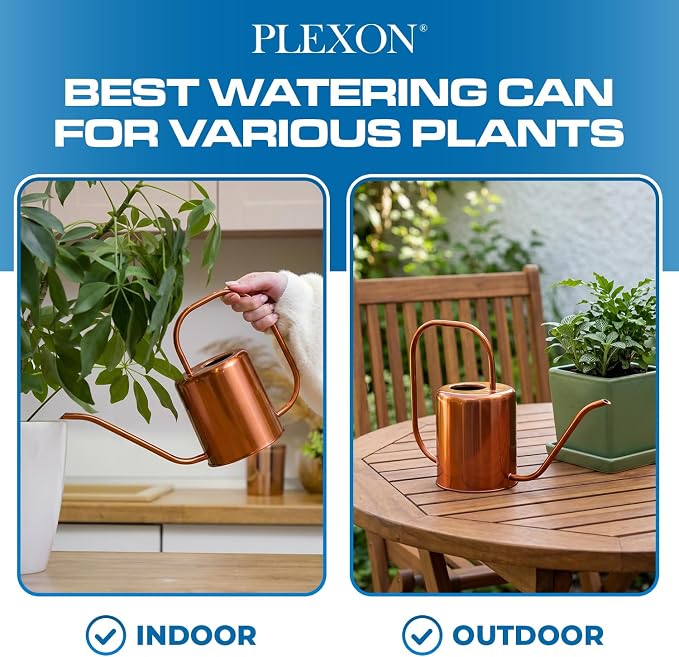 Plexon Rose Gold Metal Watering Can Indoor Plants, 54 oz Stainless Steel Long Spout Watering Can Outdoor House Plant Flower, Garden