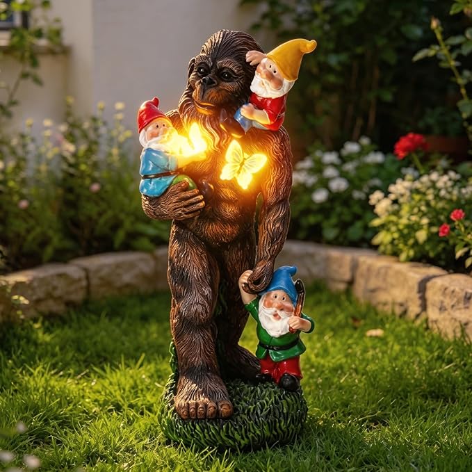 13Inch Gorilla Statue Bigfoot Holding Dwarf Sculpture with Butterfly Garden Accessories Decorative Gifts for Father's Day Bigfoot and Gnomes for Fairy Garden