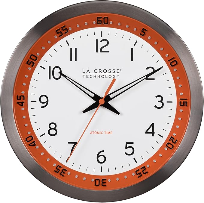 La Crosse Technology 404-87696-INT 10 inch Orange Chapter Ring Stainless Steel Atomic Analog Wall Clock
