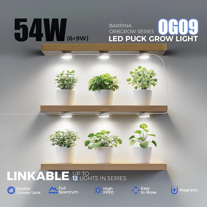 Barrina Orbgrow OG09 Puck Grow Light, 5000K 54W(6 x 9W, 810 Watt Equiv), Full Spectrum Plant Light for Indoor Plants, Magnetic & Linkable with Timer, 5 Levels Dimmable for Plant Shelf, 6 Packs