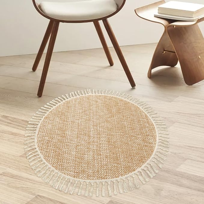 Boho Round Area Rug, Soft Hand Woven Washable Bedroom Carpet 3ft | Modern Farmhouse Bedside Rugs with Tassels, Tan/Cream Circle Nursery Rugs for Living Room Dining Room Table Office