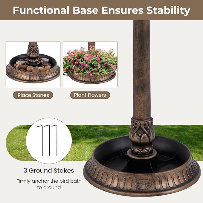 LDAILY Outdoor Bird Bath, 42’’ Solar Lighted Pedestal Birdbaths with Birds Feeder ,20’’ Water Bowl, Flower Planters and 3 Stakes, Attract Birds Antique Bird Bath for Outside Garden, Yard (Bronze, 42‘’)