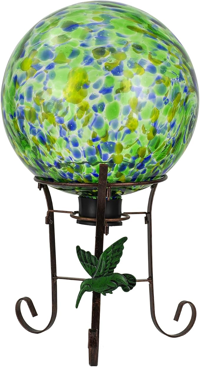 10 Inch Glass Gazing Ball with 9.4" H Metal Stand | Glass Gazing Globe Display Holder Set for Outdoor Garden Lawn Yard Decoration, Bright Summer Burst