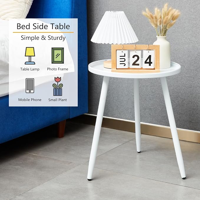 Linpla End/Side Tables - Small Round Accent Table, Metal White Narrow Night Stands with 3 Legs, Ideal for Any Room-Side Tables Living Room, Bedroom, Plant Stand Balcony, Indoor & Outdoor