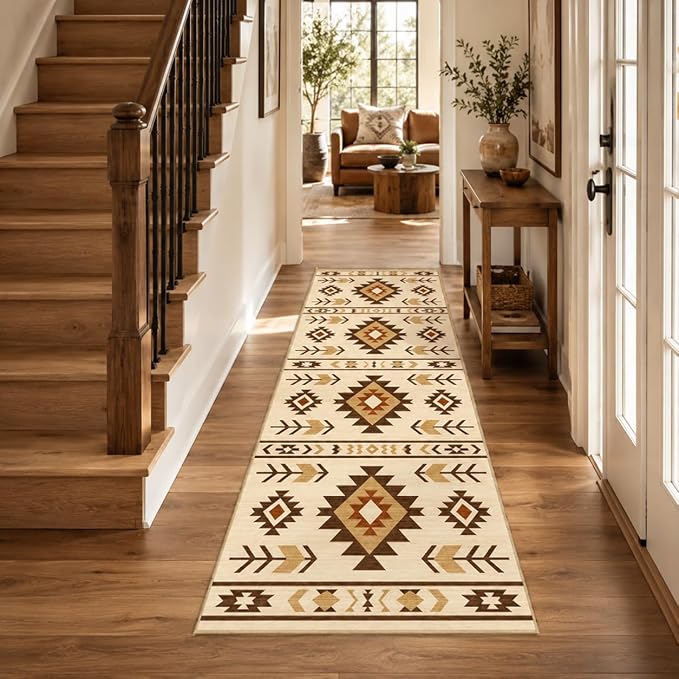 Western Runner Rug 2x6 for Hallway Kitchen Bedroom, Southwestern Aztec Tribal Runner Rugs Southwest Navajo Machine Washable Rug Non-Slip Printed Low-Pile Floor Carpet Mat for Living Room, Camel