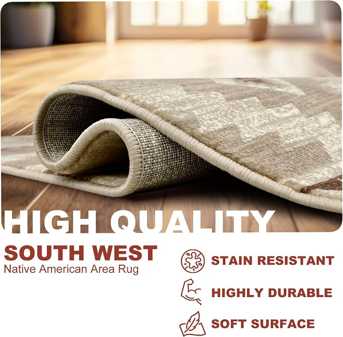 YHSF South West Native Tribal American Rug Ritz - Mocha, 2 ft x 3 ft | Native American Indian Inspired Rug - Living Room, Bedroom, Hallway, Entryway & High-Traffic Area Rugs - Washable - Soft