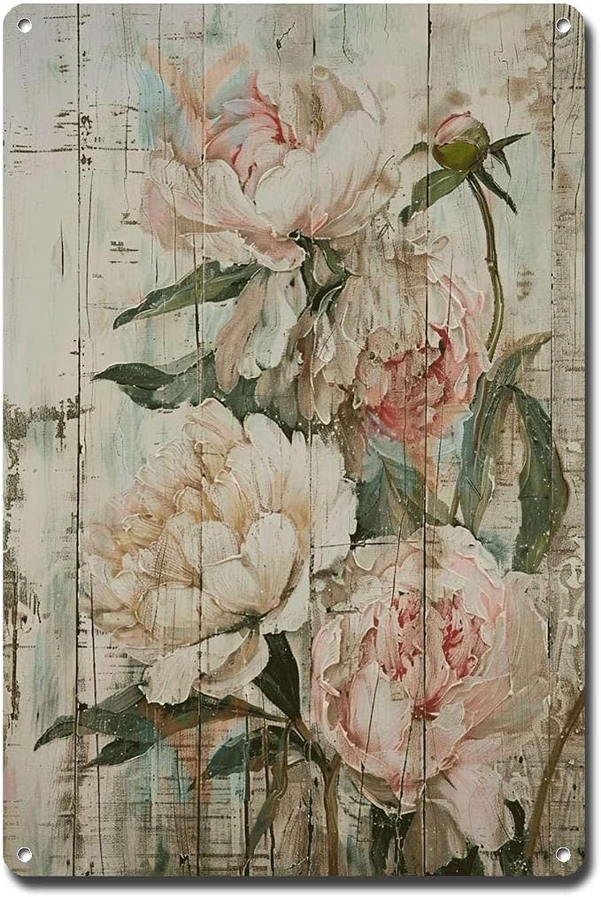 Metal Sign Tin Sign Vintage Wall Art Shabby Chic Peony Tin Sign for Floral Opulence Rustic Wall Decor and Distressed Wood Surfaces Bathroom Signs for Home for Club 8×12 Inches