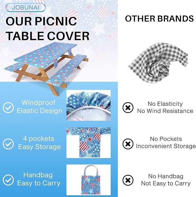 Jobunai Picnic Table Cover with Bench Covers 6 Feet Water Proof Camping Table Clothes with Elastic Edges Rv Patio Equipment for Outside Campers Car Travel Gadgets Funny Gift for Who Have Everything