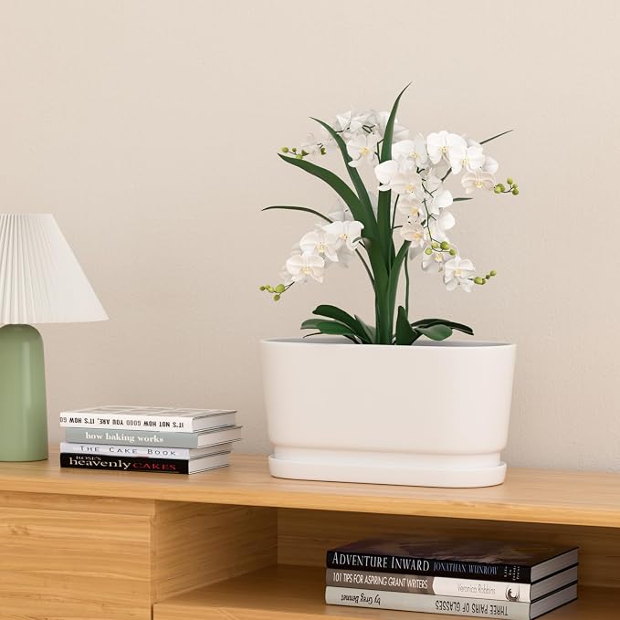13" Rectangular Ceramic Planter with Drainage and Saucer, White | Indoor Outdoor Use, 13"L x 5.5"W x 6.3"H, Modern Home Decor, Window Box Planter, Matte White