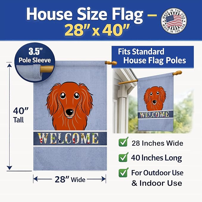 Caroline's Treasures BB1400CHF Longhair Red Dachshund Welcome House Flag, Blue Large Porch Sleeve Pole Decorative Outside Yard Banner Artwork Wall Hanging, Polyester, House Size, Multicolor