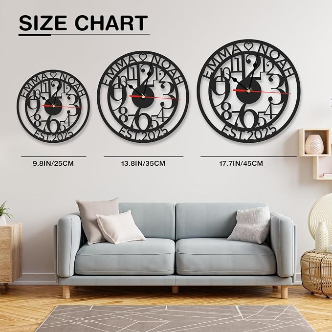 Personalized Outdoor Wall Clock Waterproof, Custom Couple's Name Metal Modern Wall Clock, Non Ticking, Battery Operated, Wedding, Ideal for Living Room, Kitchen, Office, Home Decor