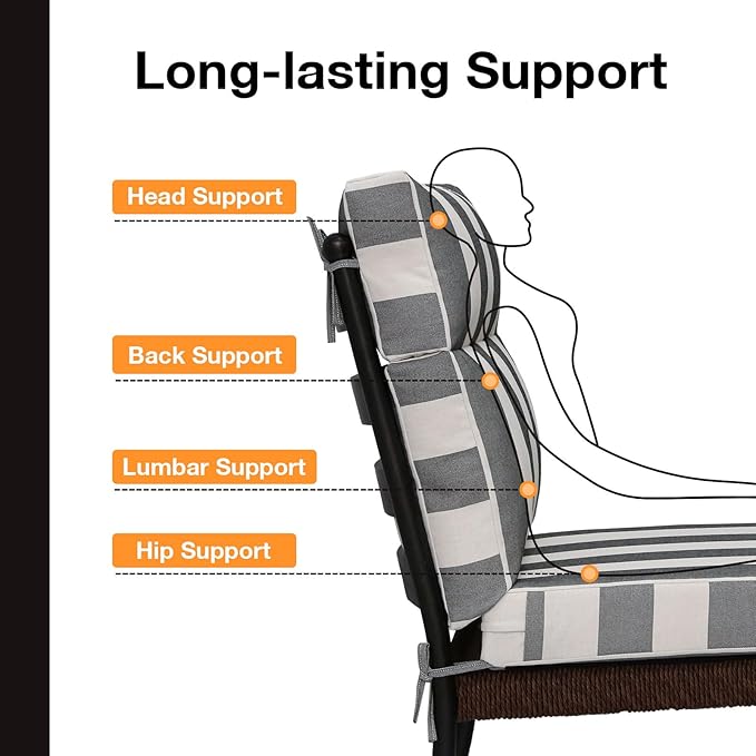 Unimatta Outdoor High Back Chair Cushion Seat Pads, 44 x 21 Inch Water-Repellent & Fade-Resistant Patio Furniture Cushions with Ties for Adirondack, Rocking Chairs, Gray Stripe