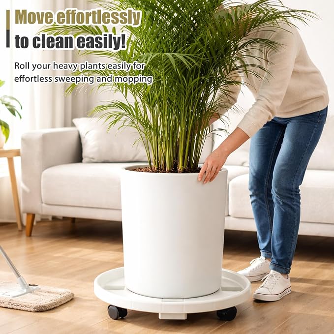 5-pack 11.8" Large Plant Caddy with Wheels Plastic Plant Dolly with Locking Caster Flower Pot Mover Rollers Wheeled Rolling Plant Stands Round Plant Saucer on Wheels Indoor Outdoor Base Coasters White